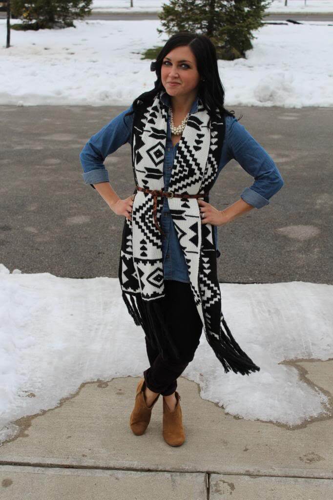 fair isle scarf, chambray, leopard skinny belt