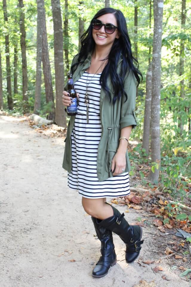 Stilettos and Diapers: Striped dress, military jacket, boots