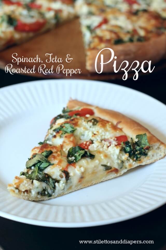 Spinach, Feta and Roasted Red Pepper Pizza via Stilettos and Diapers