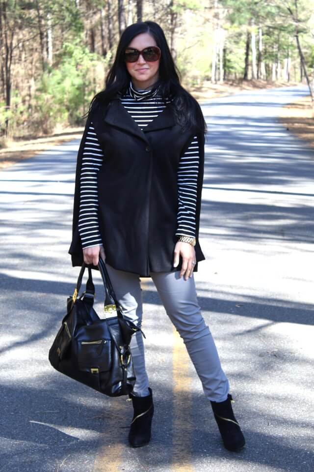 Cape jacket and stripes via Stilettos and Diapers