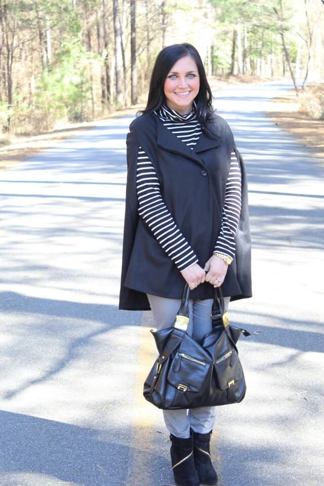 Cape jacket and stripes via Stilettos and Diapers