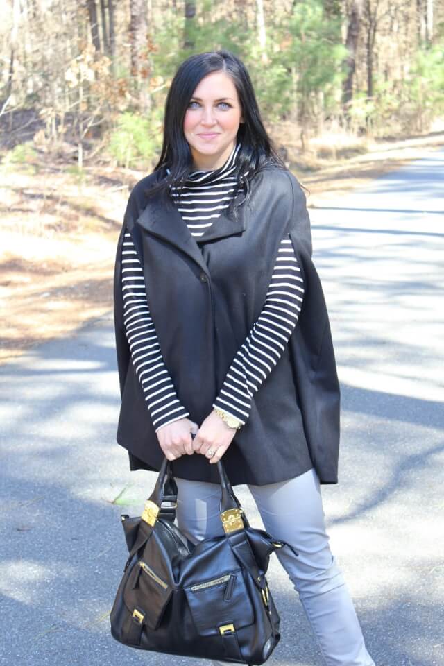 Cape jacket and stripes via Stilettos and Diapers