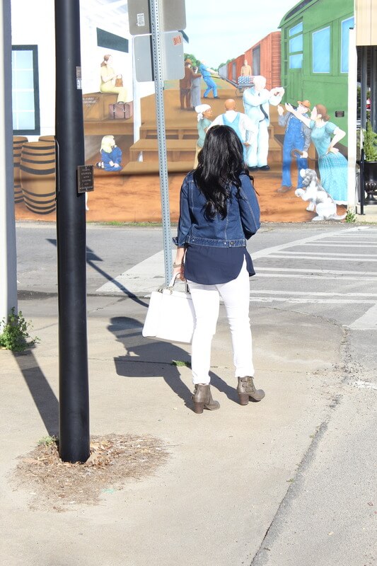 White Skinnies, Taupe Booties, Denim Jacket: Stilettos and Diapers