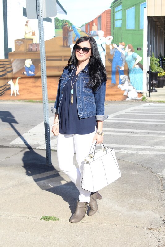 White Skinnies, Taupe Booties, Denim Jacket: Stilettos and Diapers