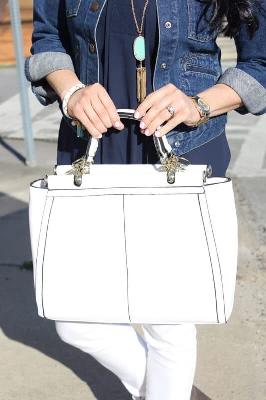 White Skinnies, Taupe Booties, Denim Jacket: Stilettos and Diapers. Merrick JustFab Bag