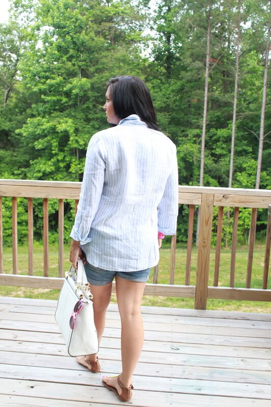 Boyfriend denim shorts, linen shirt, neon pops: Stilettos and Diapers