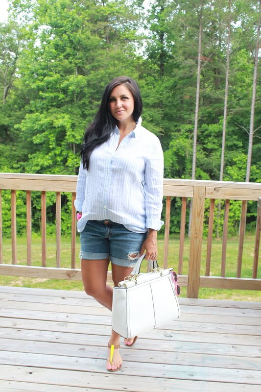 Boyfriend denim shorts, linen shirt, neon pops: Stilettos and Diapers