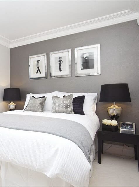 White, Black and grey master bedroom