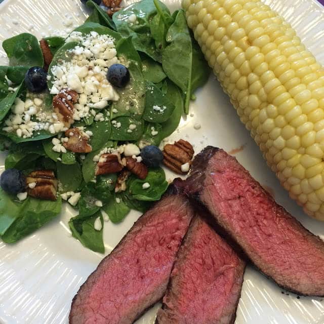 Spinach Salad, Corn, London Broil