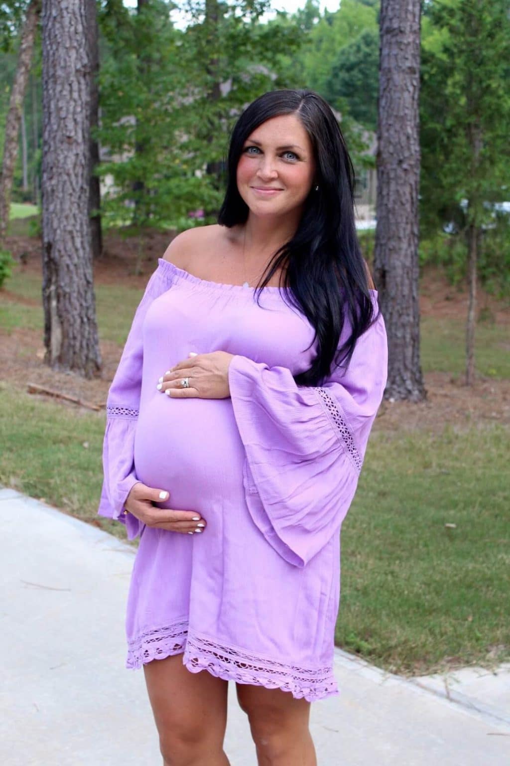 Lavender off shoulder dress, 35 weeks pregnant, maternity style