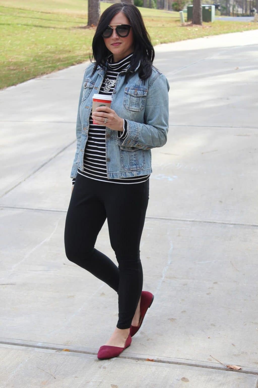 Striped Turtleneck, Red Suede Pointy Toe Shoes