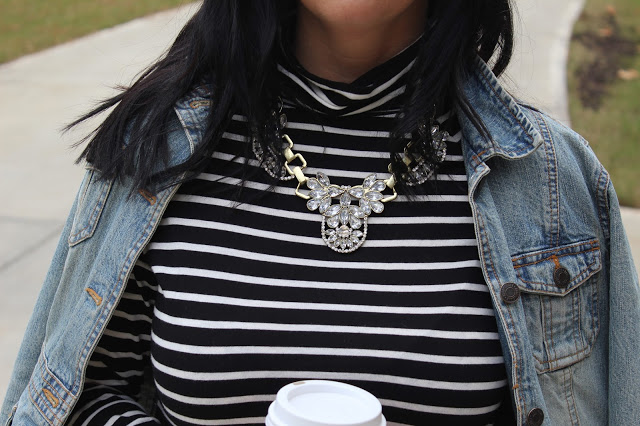 Prada Sunglasses, Statement necklace, Striped turtleneck, denim jacket