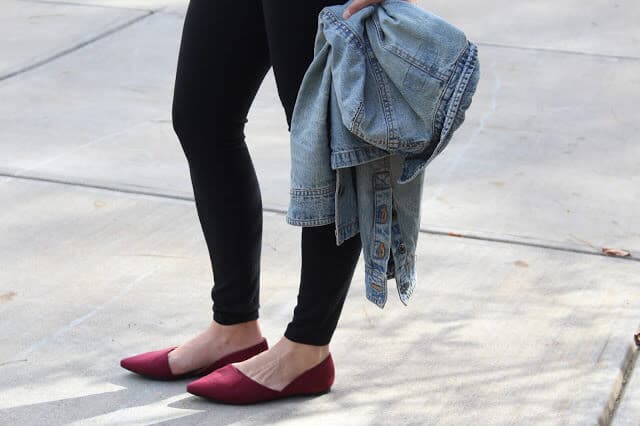 leggings, red suede pointy toe flats