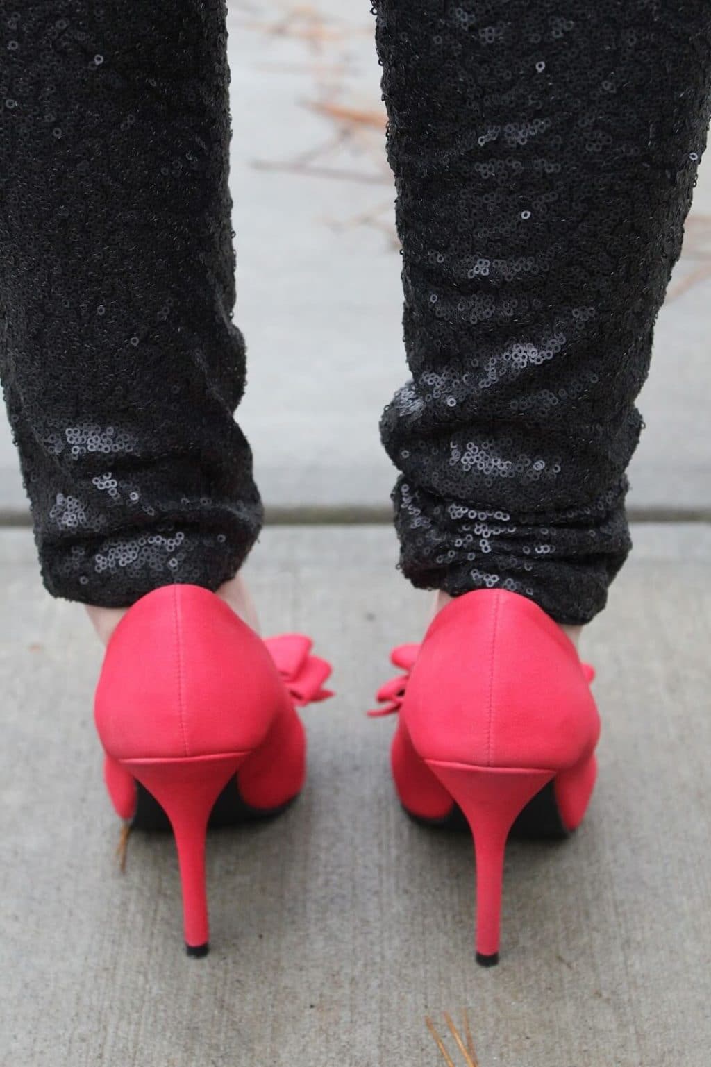 Red heels, sequin leggings