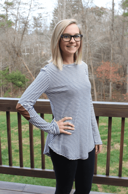 stripe tunic with elbow patches, molly suzanne