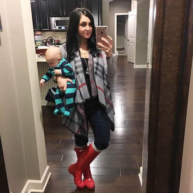 Stilettos and Diapers: Plaid Drape Cardigan, Red Hunter Boots
