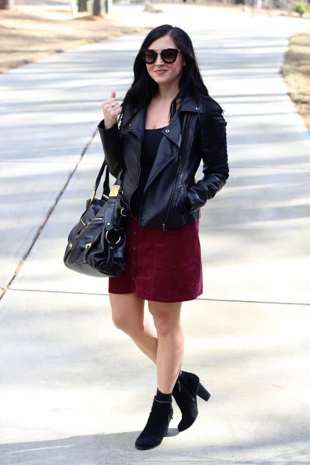 Button Front Corduroy Skirt, Leather Jacket