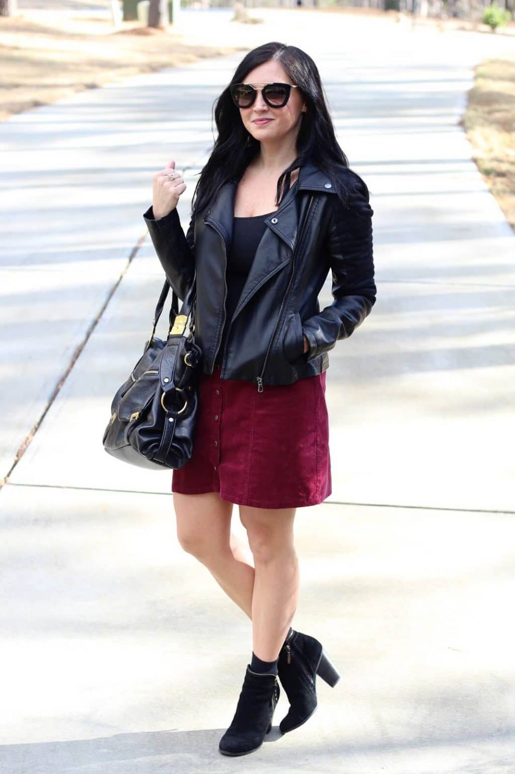 corduroy skirt leather jacket