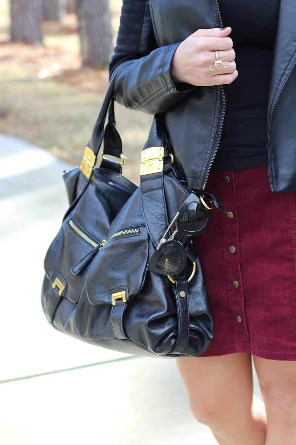 Black and Gold Hobo bag, corduroy skirt, prada sunglasses