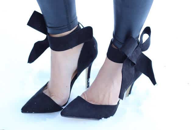 black suede ankle bow heels