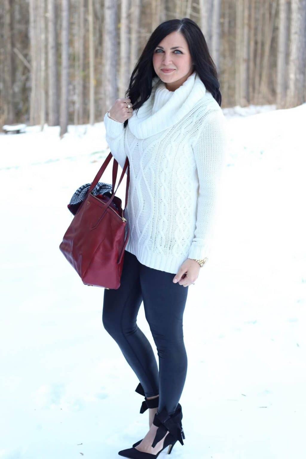 Leather Leggings, Ankle Bow Heels, cable knit sweater