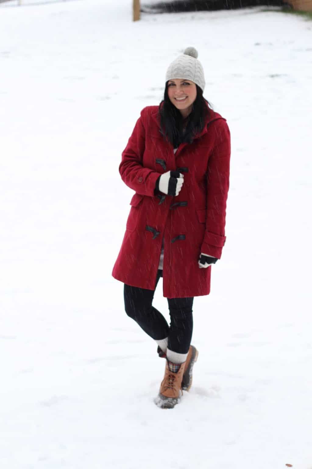 Red Toggle Coat, Duck Boots
