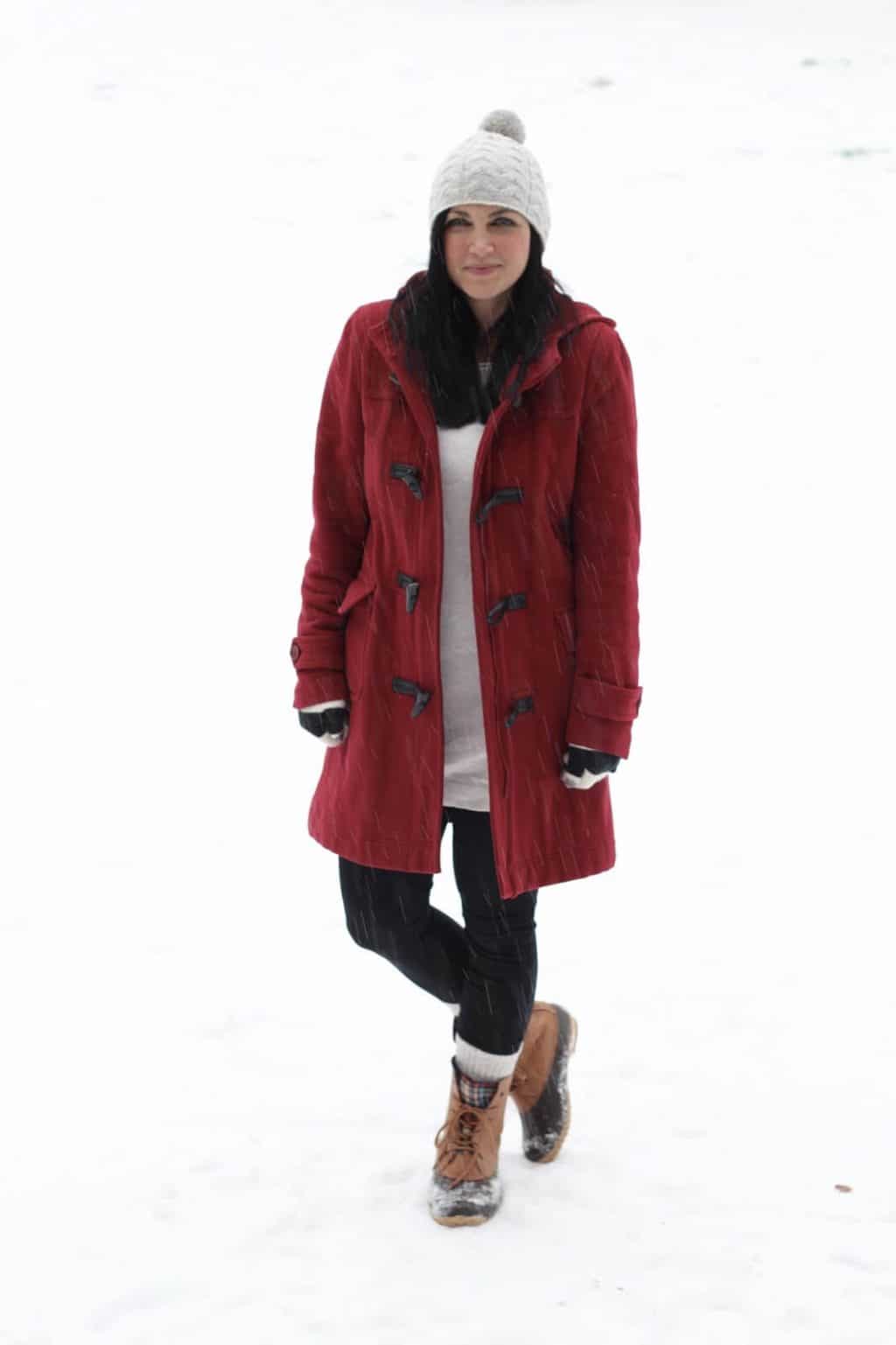 Red Winter Coat, Leggings, Snow Boots