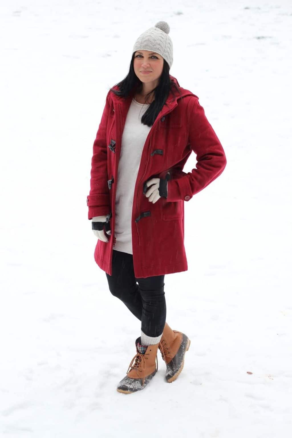 Snow, Red Coat, Lands End Snow Boots, 