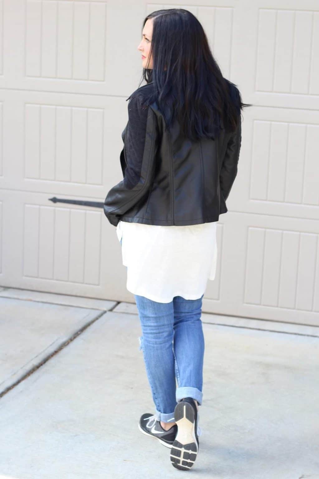 leather jacket with high low tee