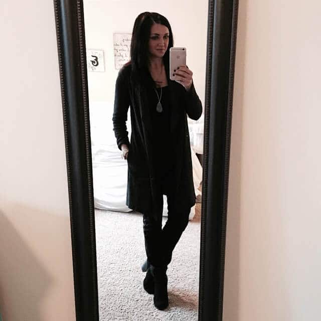 Long drape cardigan via J. Jill, All black outfit