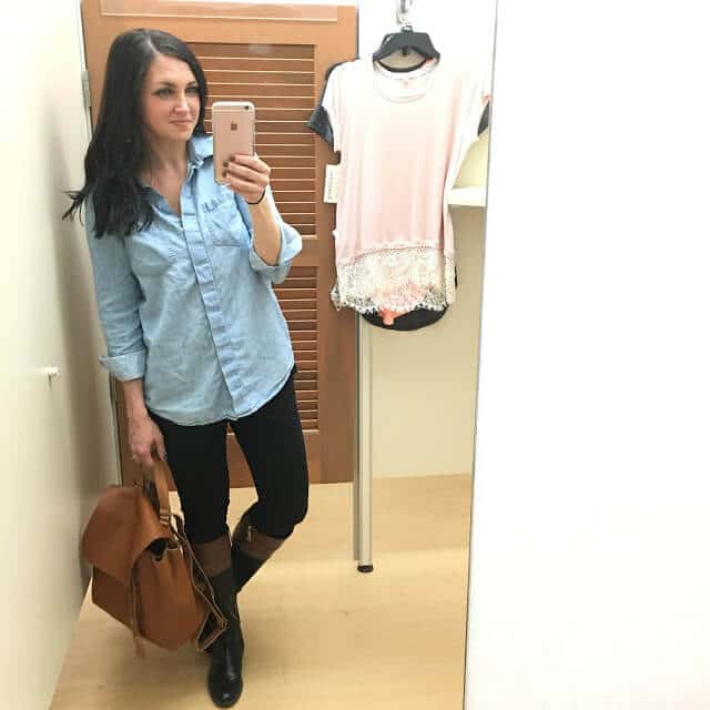 Dressing room stories, leather backpack, kohls lace top, 