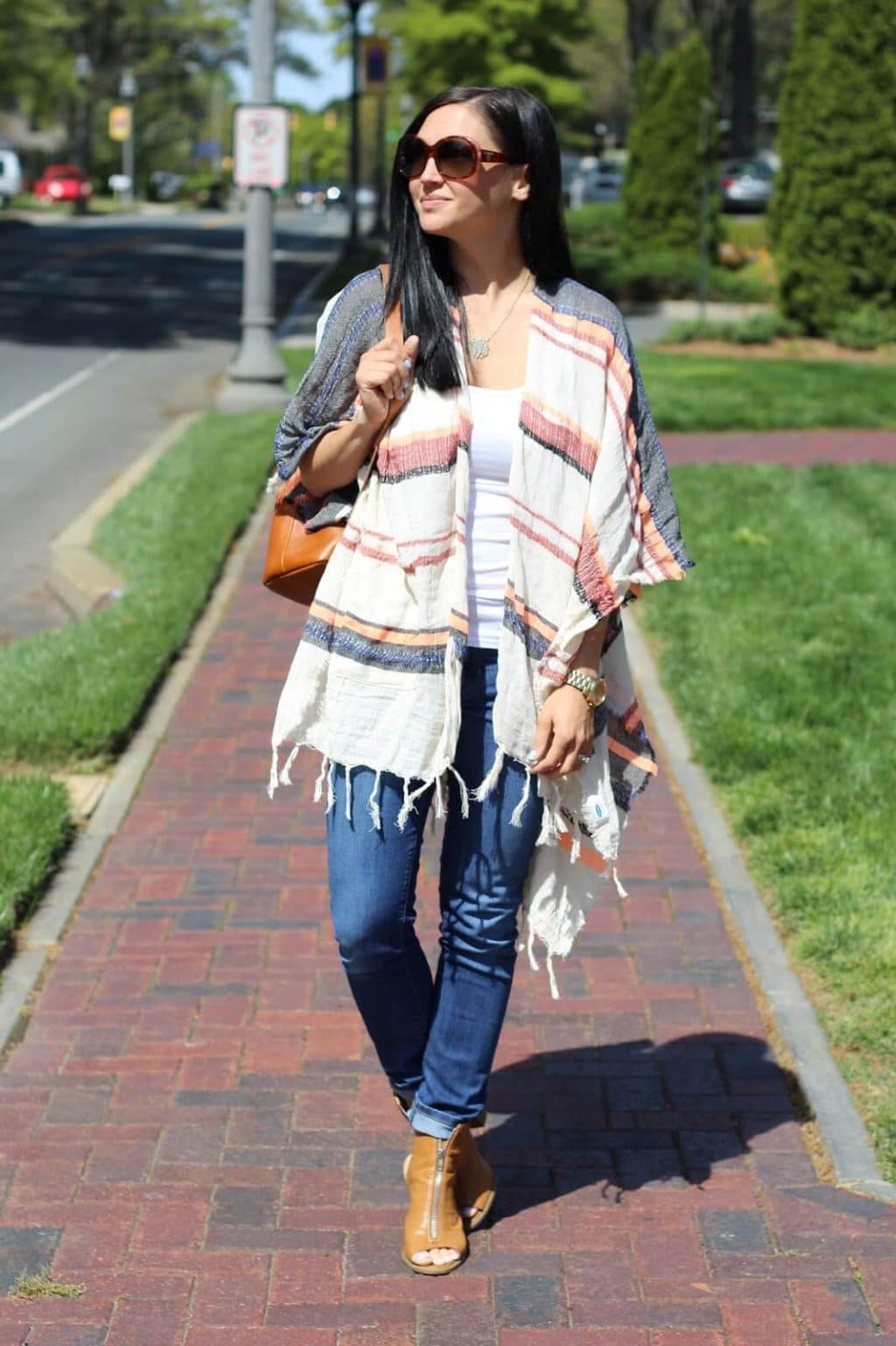 Zip top sandals, striped poncho