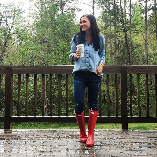 Chambray and denim, red hunter boots
