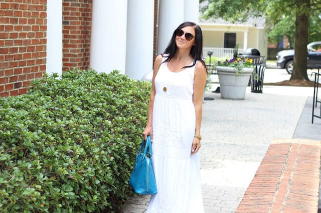 Spring Style, White embroidered maxi dress, turquoise bag