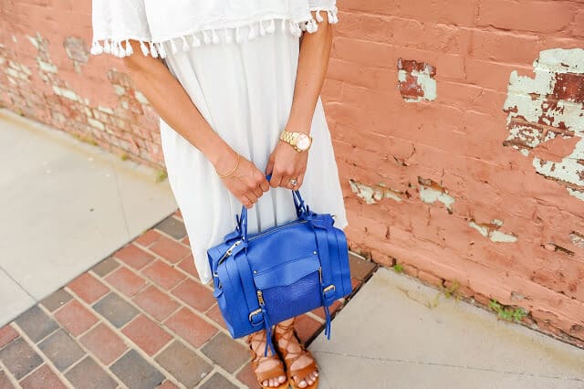 white off shoulder tassel dress, royal tote, lace up sandals