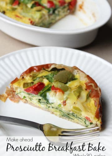 Make ahead, whole30 breakfast, Prosciutto Egg Bake via Stilettos and Diapers