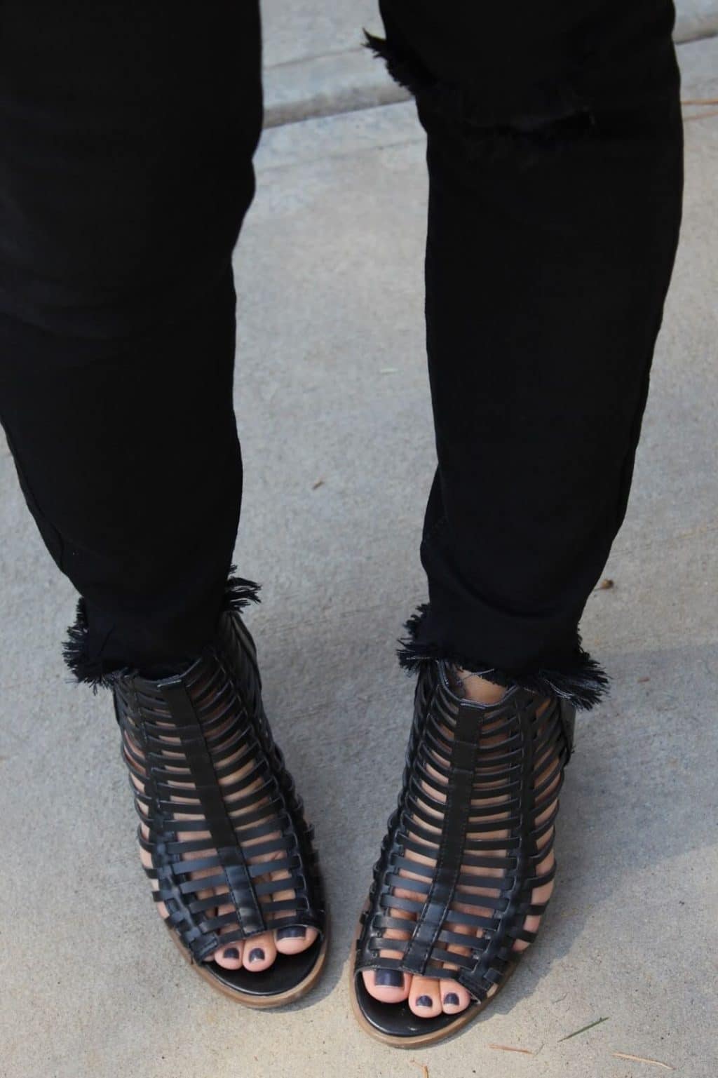 Black distressed denim, black fall sandals