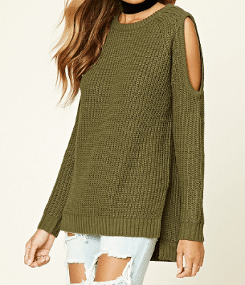 Cold shoulder sweater, side slit, olive green