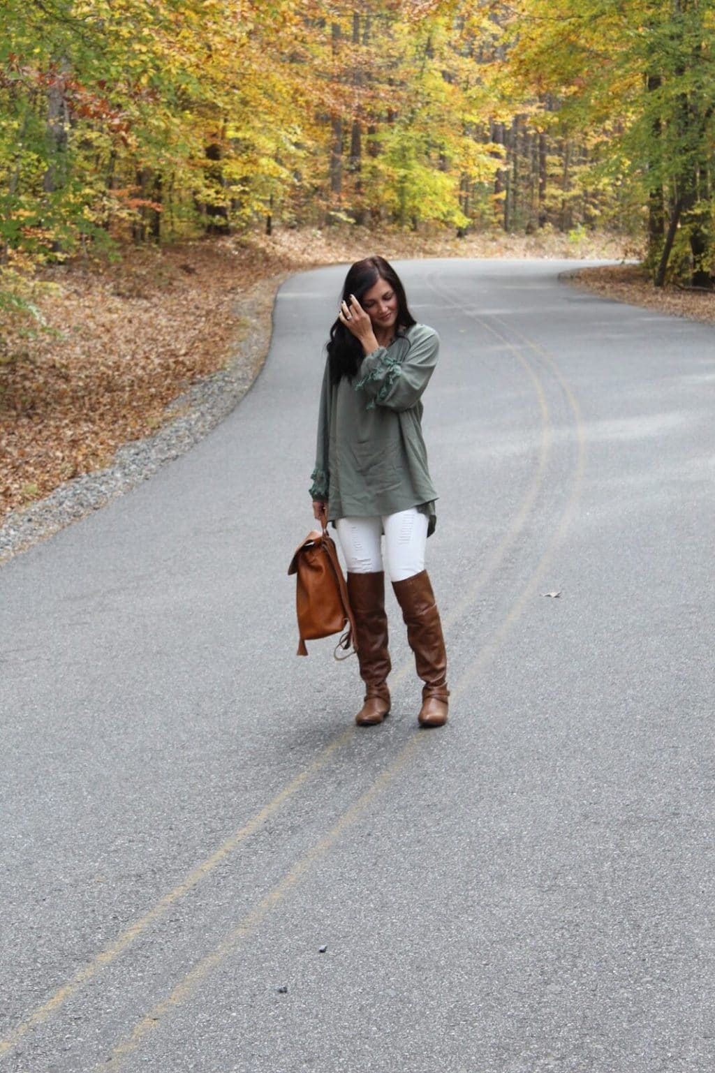 Tassel Blouse, White Jeans for Fall, Cognac Riding Boots
