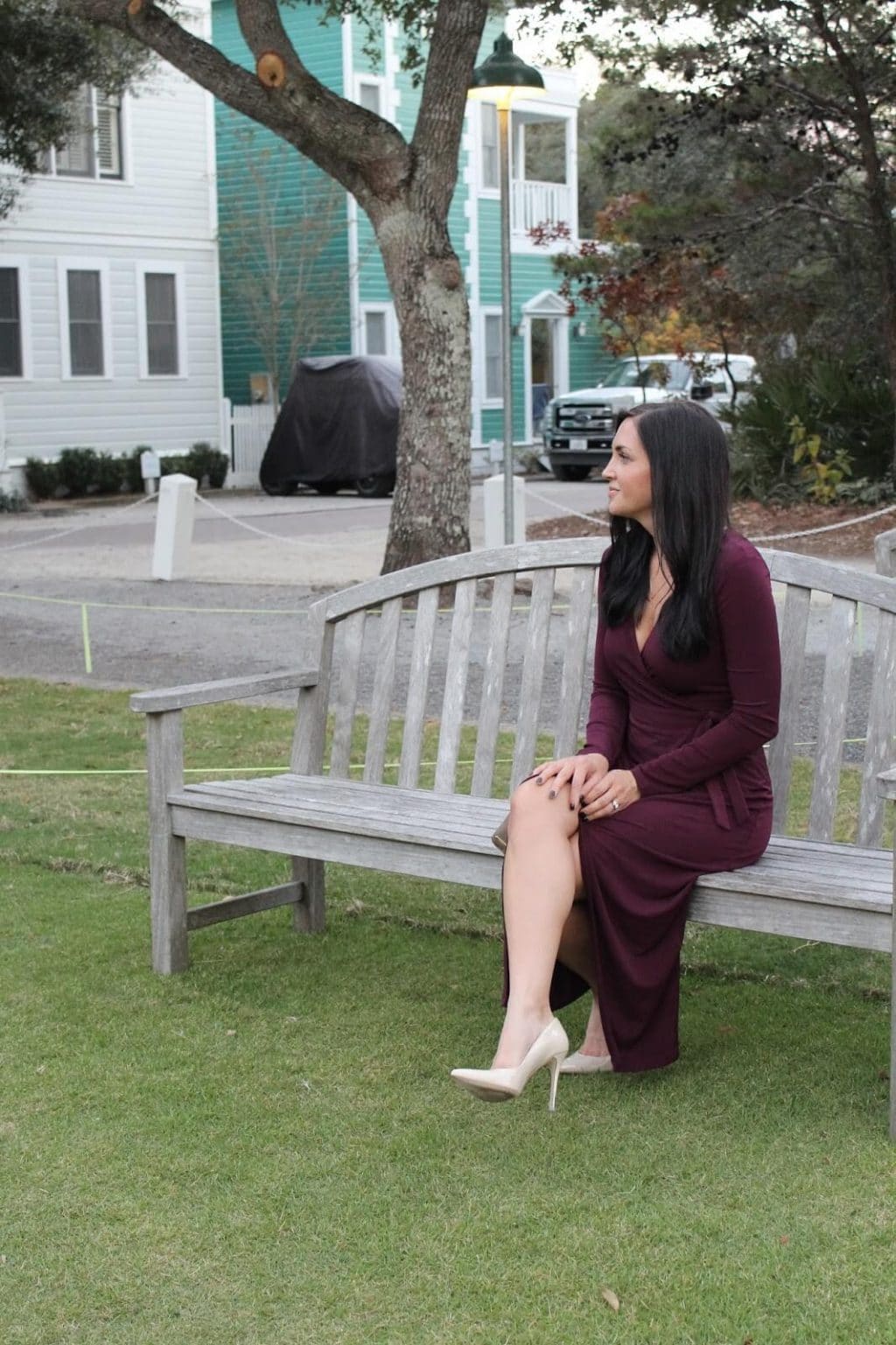 Nude Heels, Burgundy Dress, Christmas Party Outfit, Seaside Square