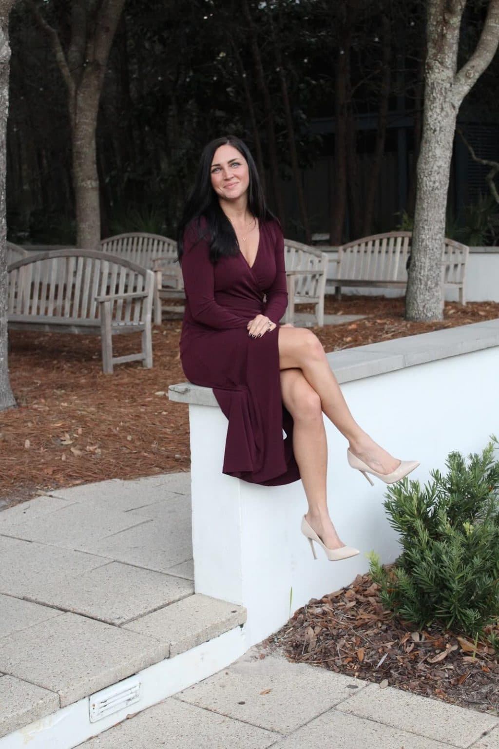 Burgundy dress nude store heels