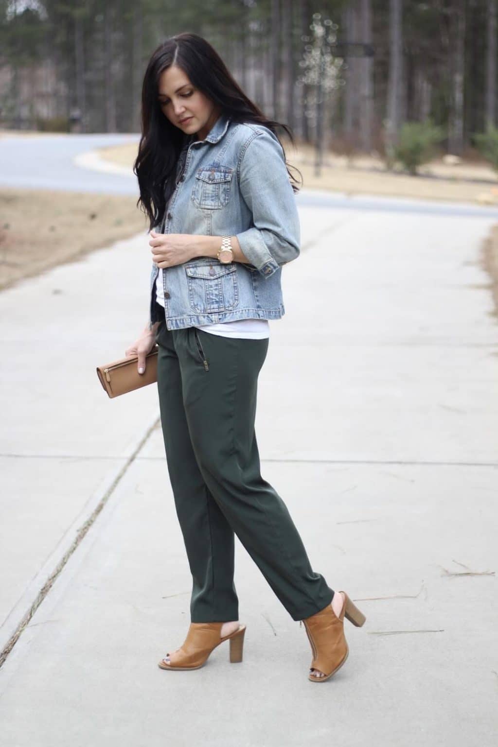 How to dress up drawstring pants with a denim jacket via Stilettos and Diapers