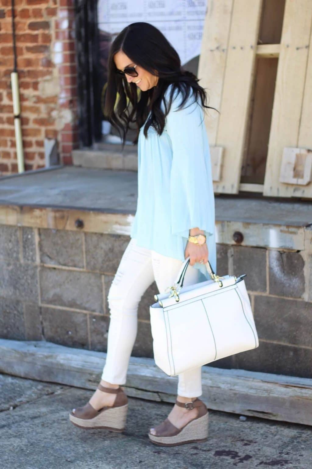 Light blue embroidery blouse, white jeans, Stilettos and Diapers, Espadrille Wedge Dupe