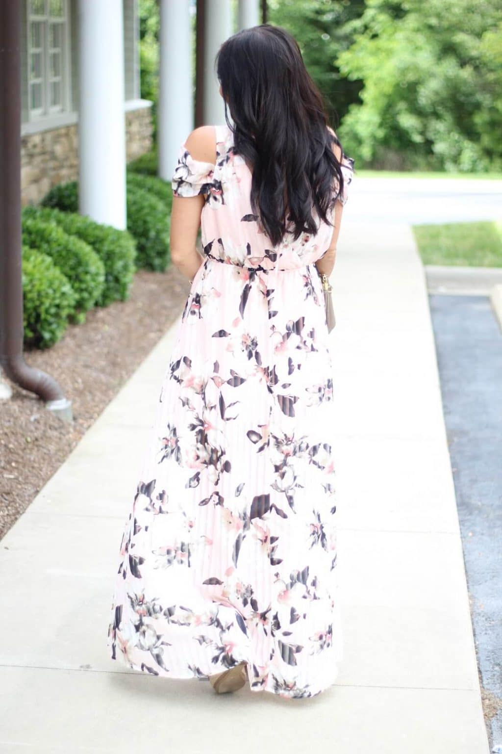 Stilettos and Diapers floral maxi dress, espadrille wedge dupes