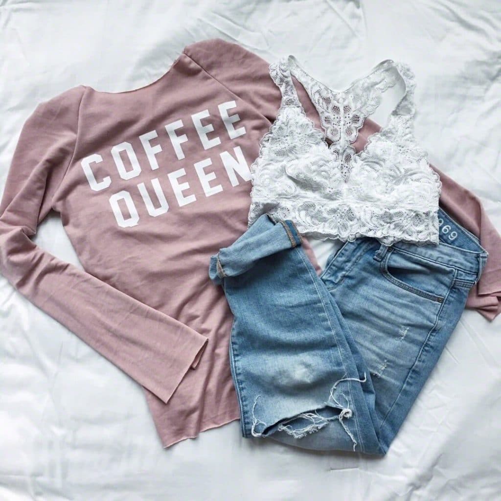 Coffee Queen, Lace Bralette, Boyfriend Jeans