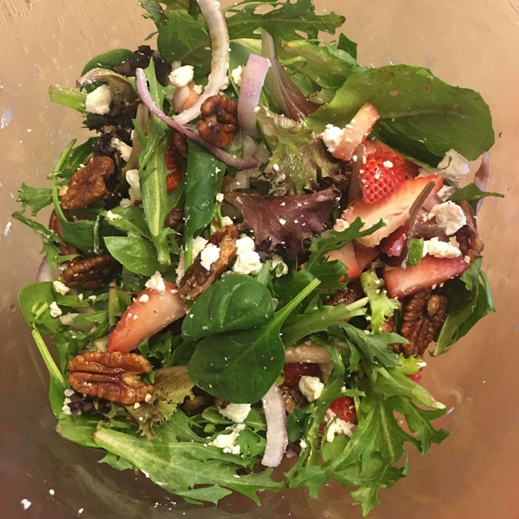 Easy goat cheese strawberry salad with candied pecans
