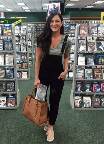 Overalls, movie store, 80s style