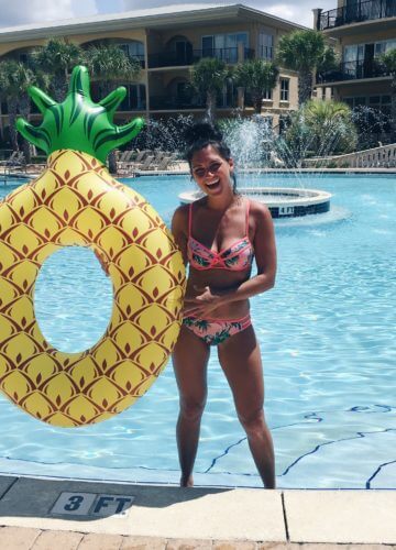 Pineapple float, pool accessories, stilettos and diapers