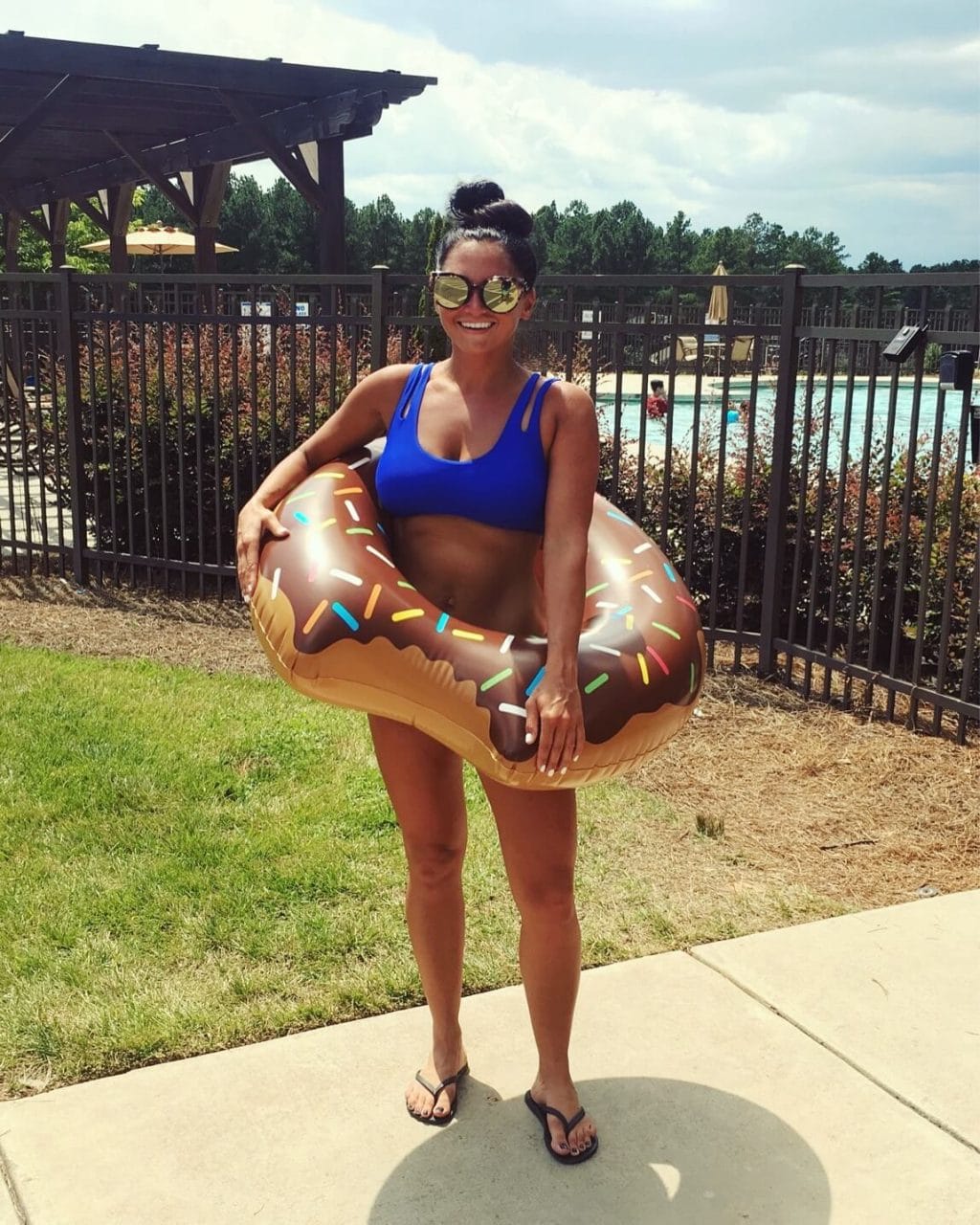 Molly Wey, Stilettos and Diapers, bikini, donut float, pool day, diff eyewear