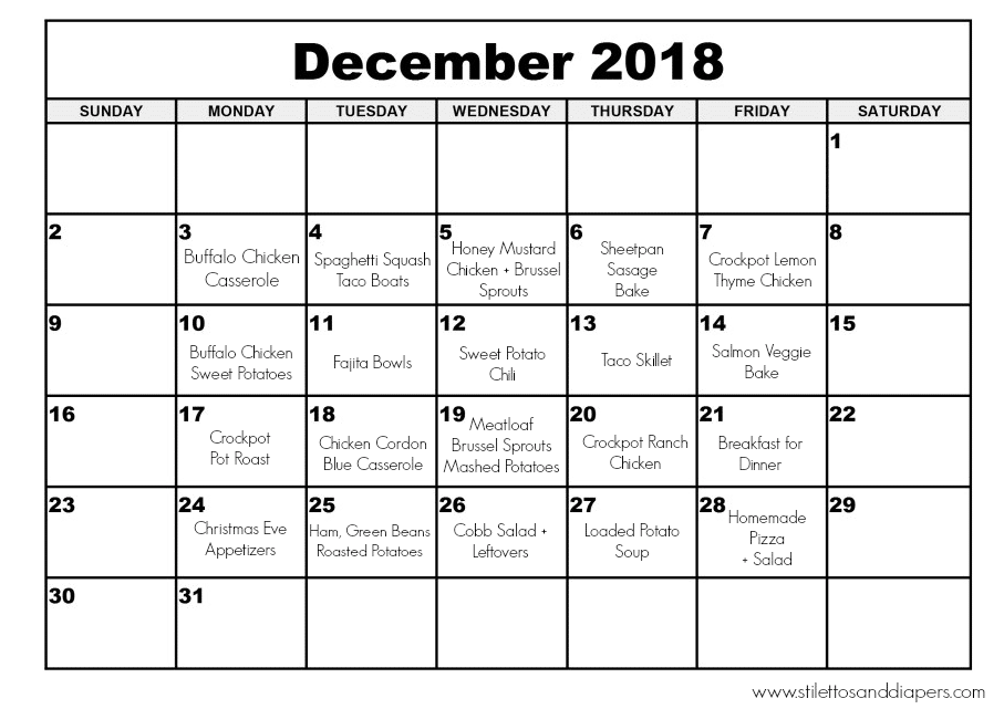 Printable December Meal Plan